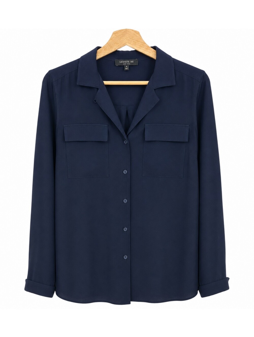 Lafayette 148 New York Navy Semi Sheer Long Sleeve Button Front Pocket Blouse M